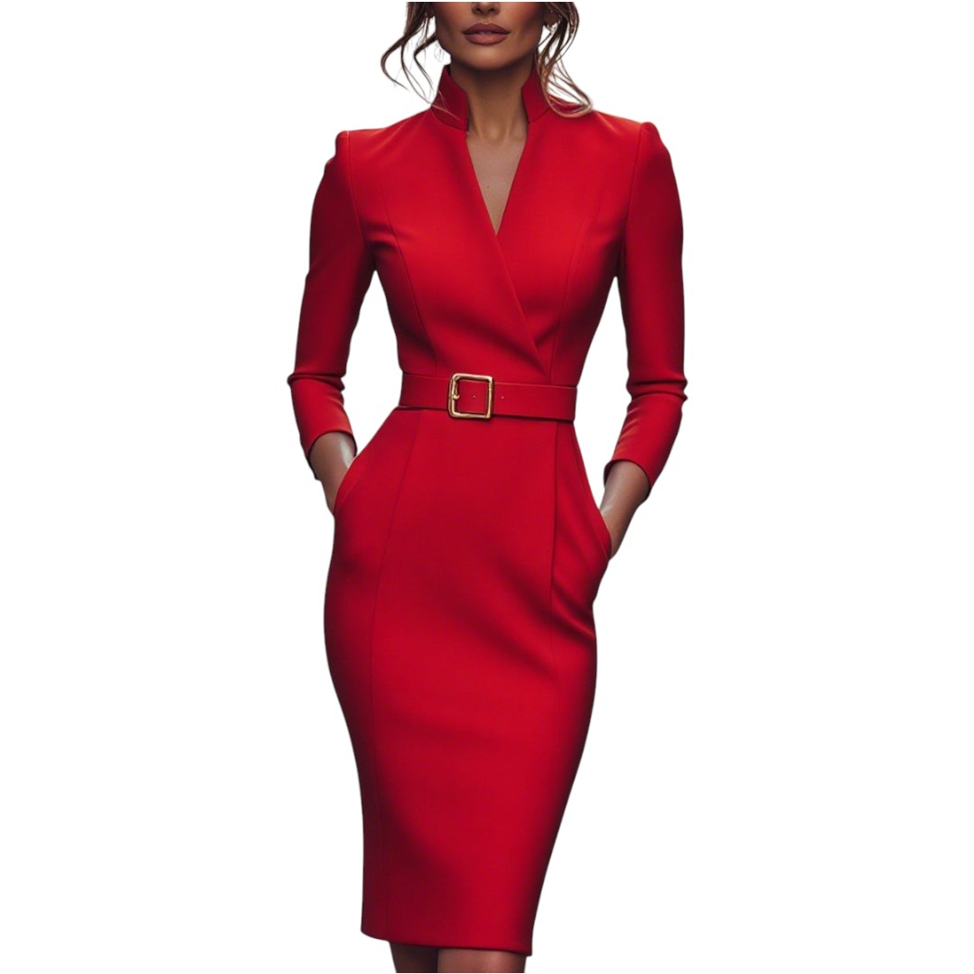 Marina | Raffiniertes schwarzes Kleid mit Gürtel und Stehkragen