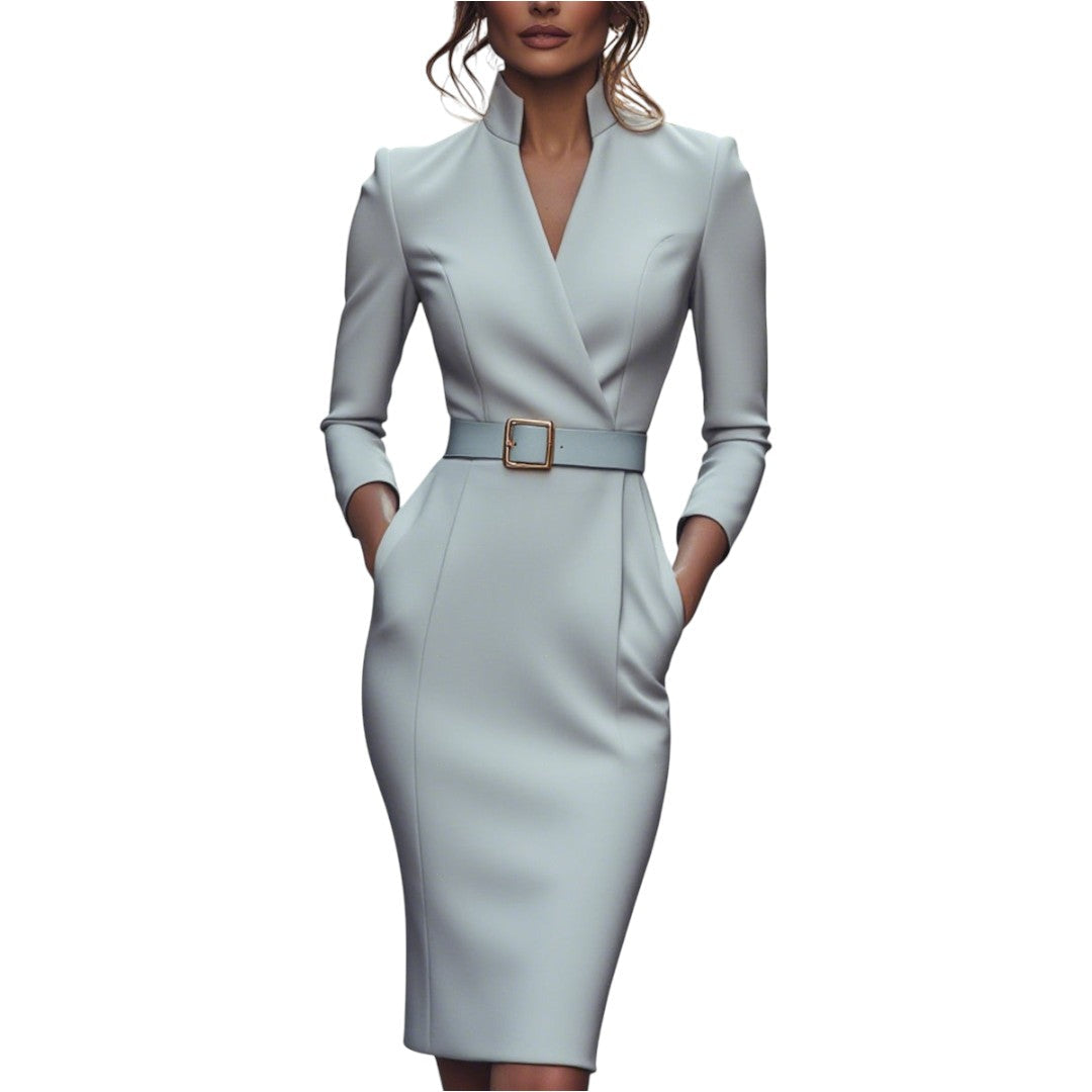 Marina | Raffiniertes schwarzes Kleid mit Gürtel und Stehkragen