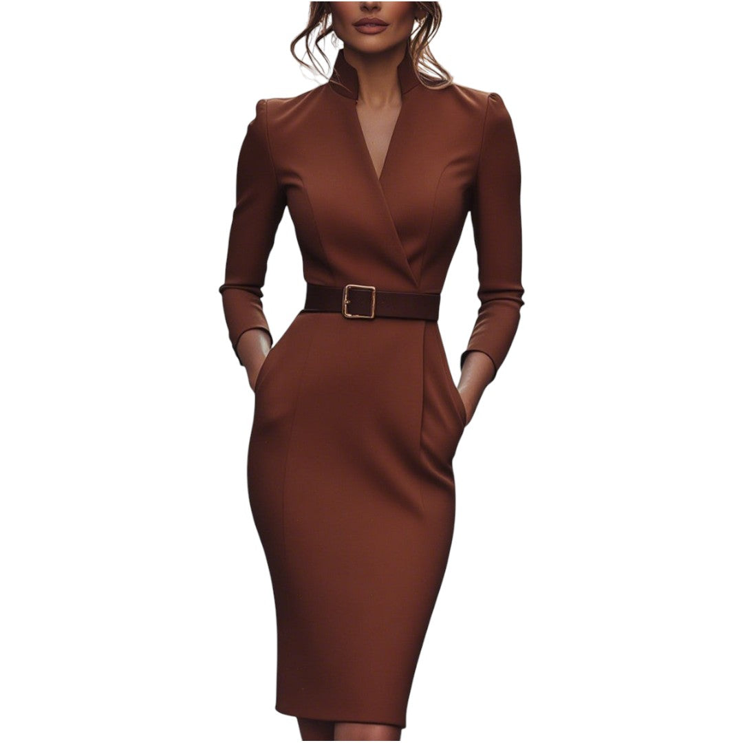Marina | Raffiniertes schwarzes Kleid mit Gürtel und Stehkragen