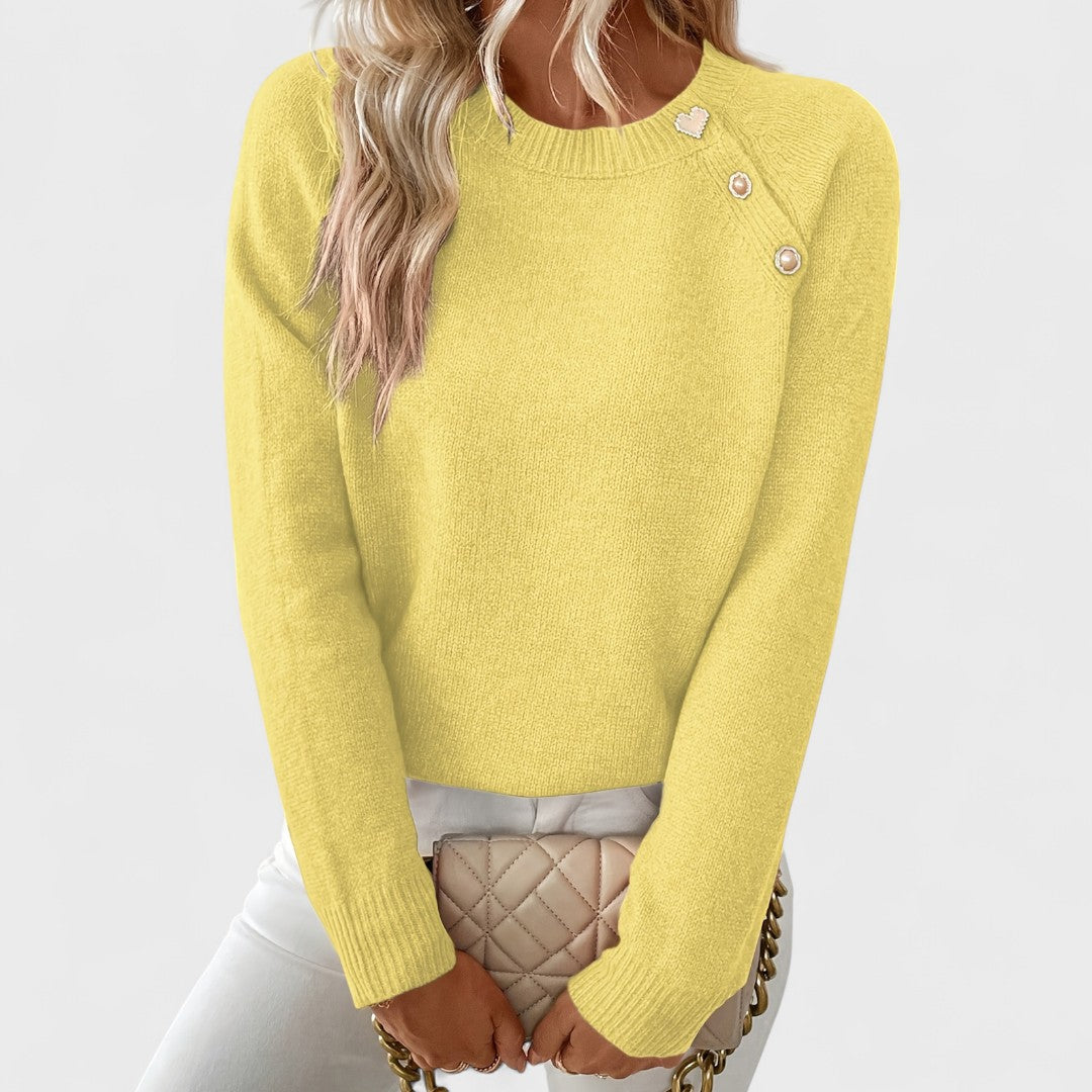 Roxanne - Eleganter asymmetrischer Damenpullover mit einem Schulterdesign und Knöpfen