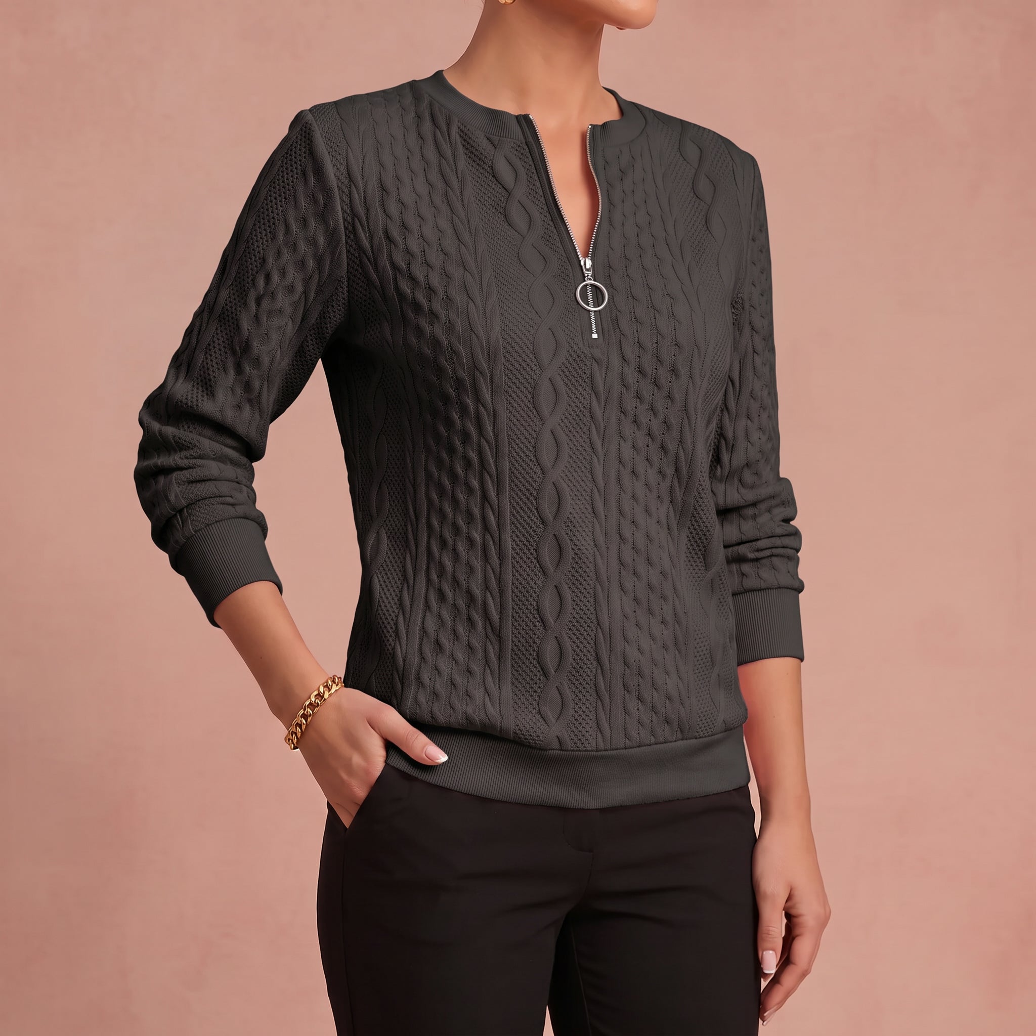 Kerstin - Damen Zip-Pullover mit Zopfmuster – Schwarz – 4
