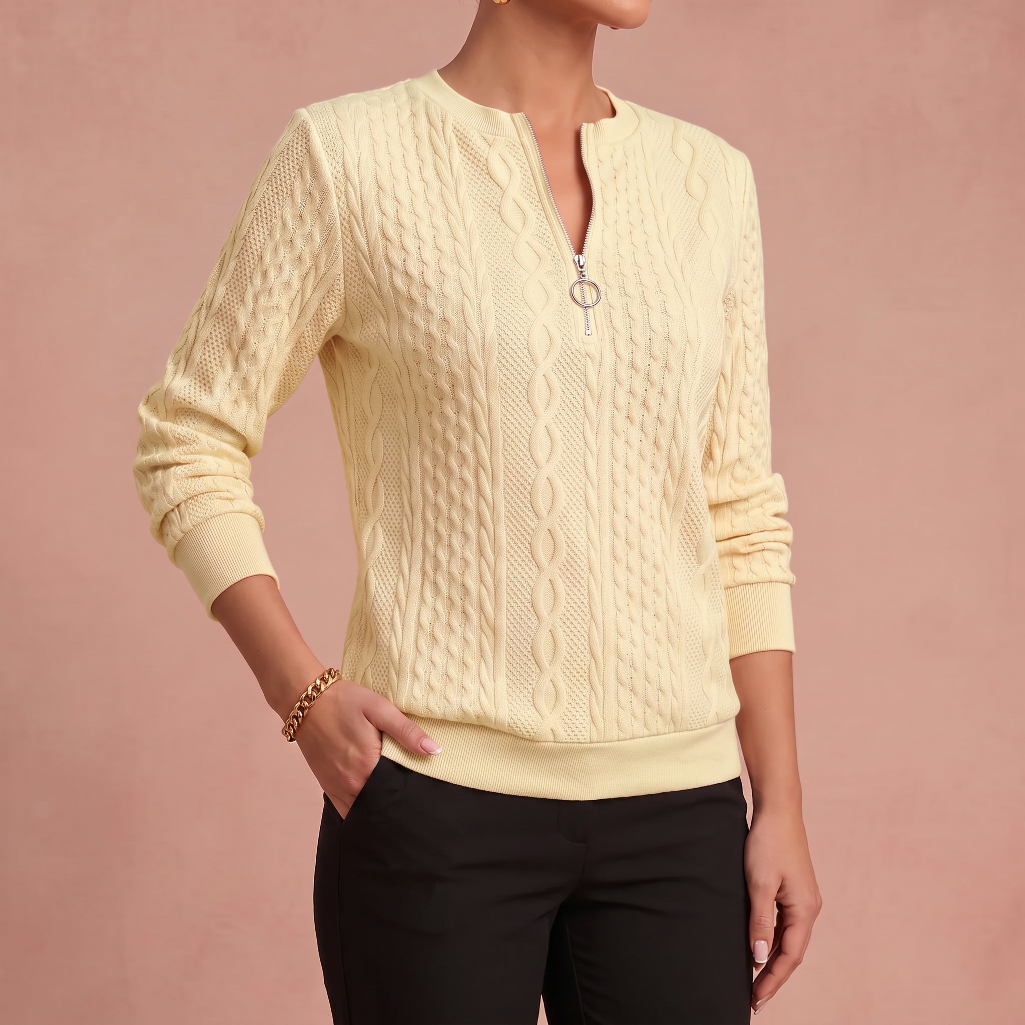 Kerstin - Damen Zip-Pullover mit Zopfmuster – Hellgelb – 4