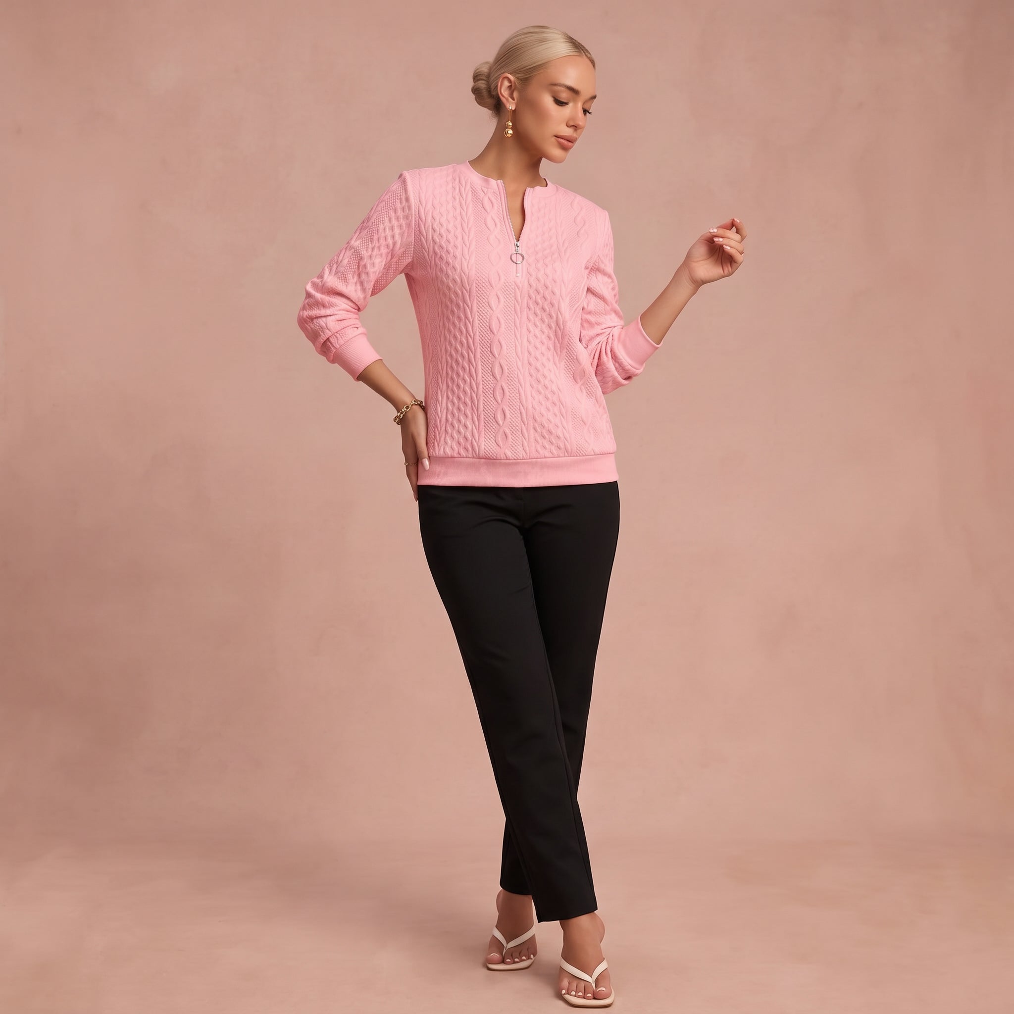 Kerstin – Damen Zip-Pullover mit Zopfmuster – 1