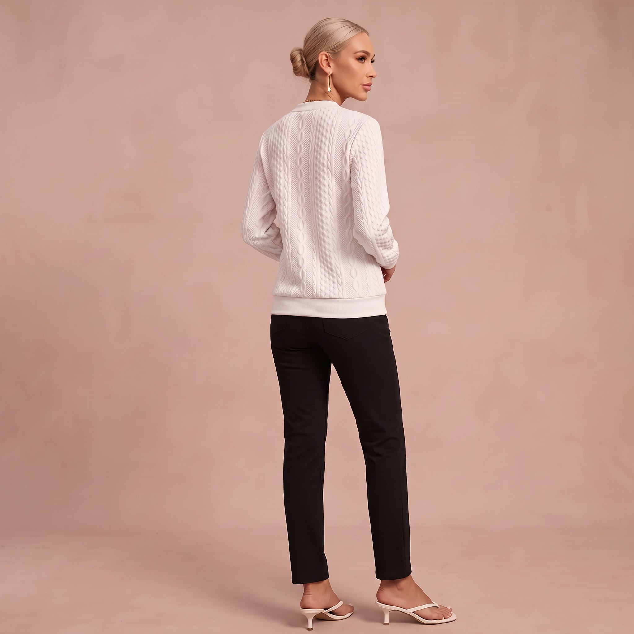 Kerstin - Damen Zip-Pullover mit Zopfmuster – Weiß – 3