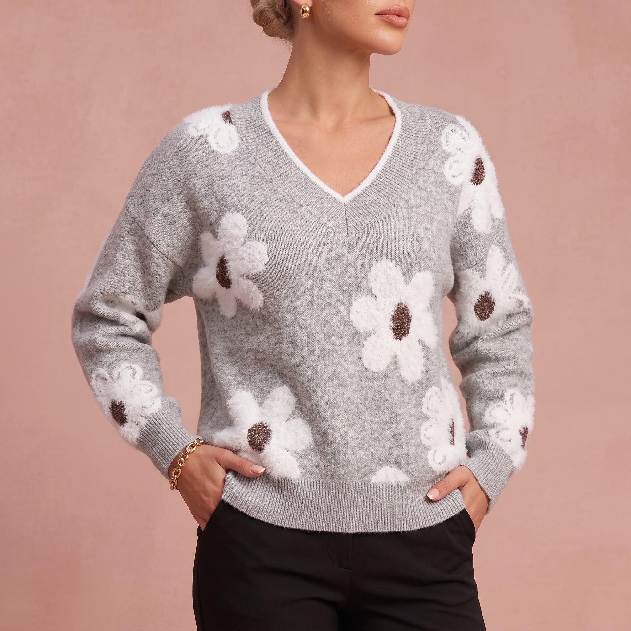 ASTRID | Eleganter Blumen-Pullover mit V-Ausschnitt – 4