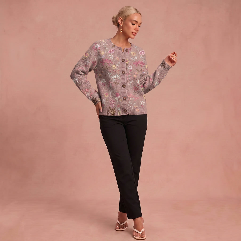 Monika | Cardigan mit Knöpfen – Pink mit Blumen – 1