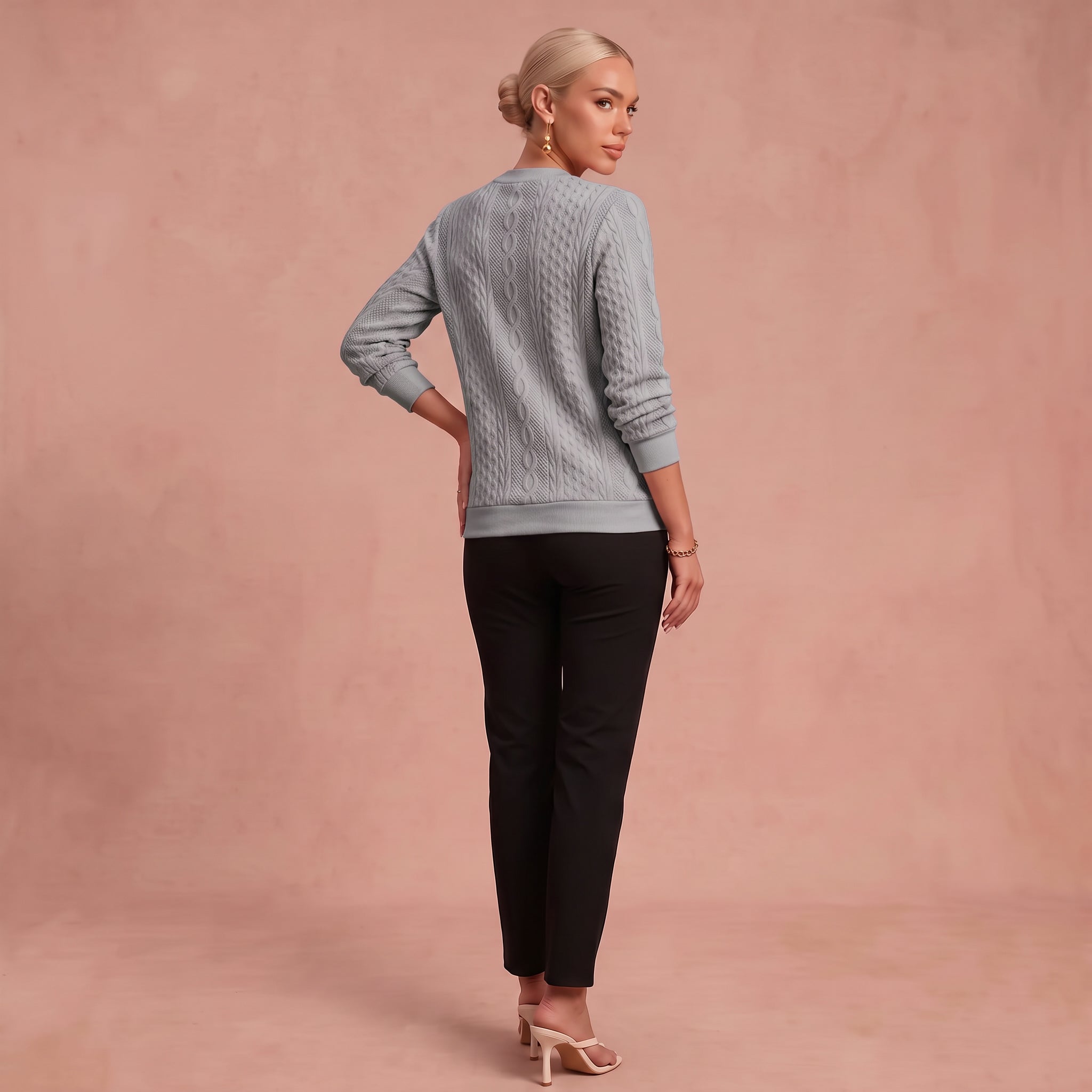 Kerstin - Damen Zip-Pullover mit Zopfmuster – Grau – 2