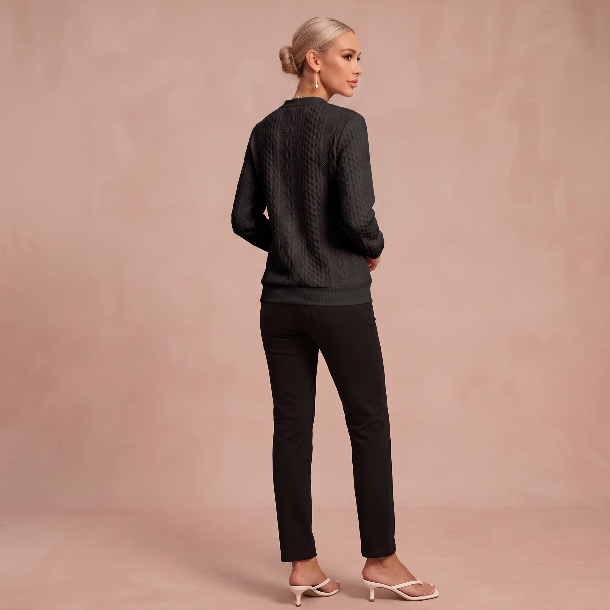 Kerstin - Damen Zip-Pullover mit Zopfmuster – Schwarz – 3