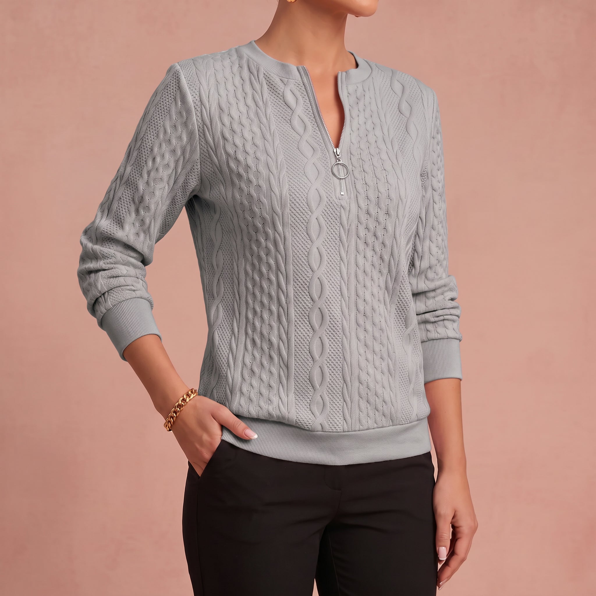 Kerstin - Damen Zip-Pullover mit Zopfmuster – Grau – 4