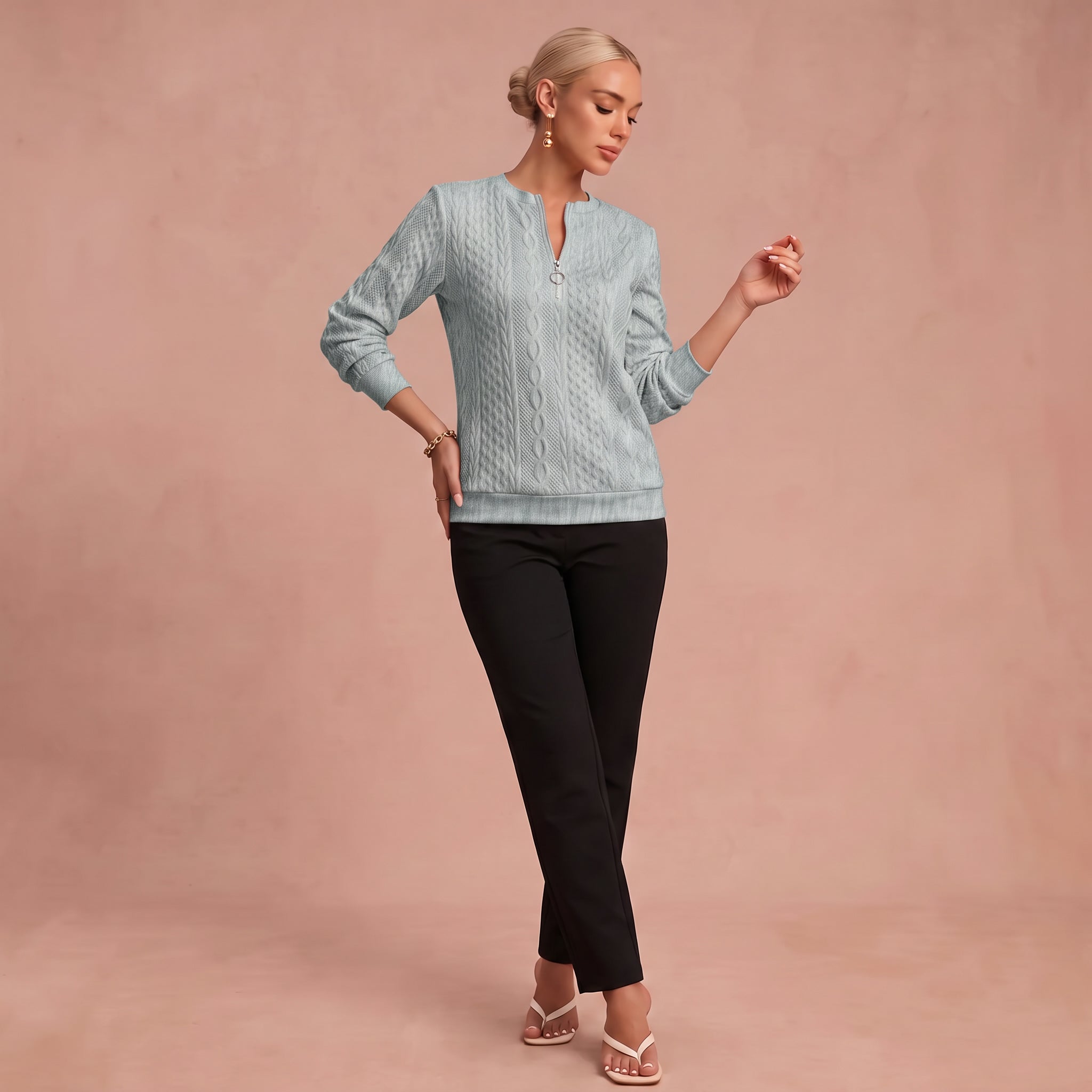Kerstin - Damen Zip-Pullover mit Zopfmuster – Grau – 1
