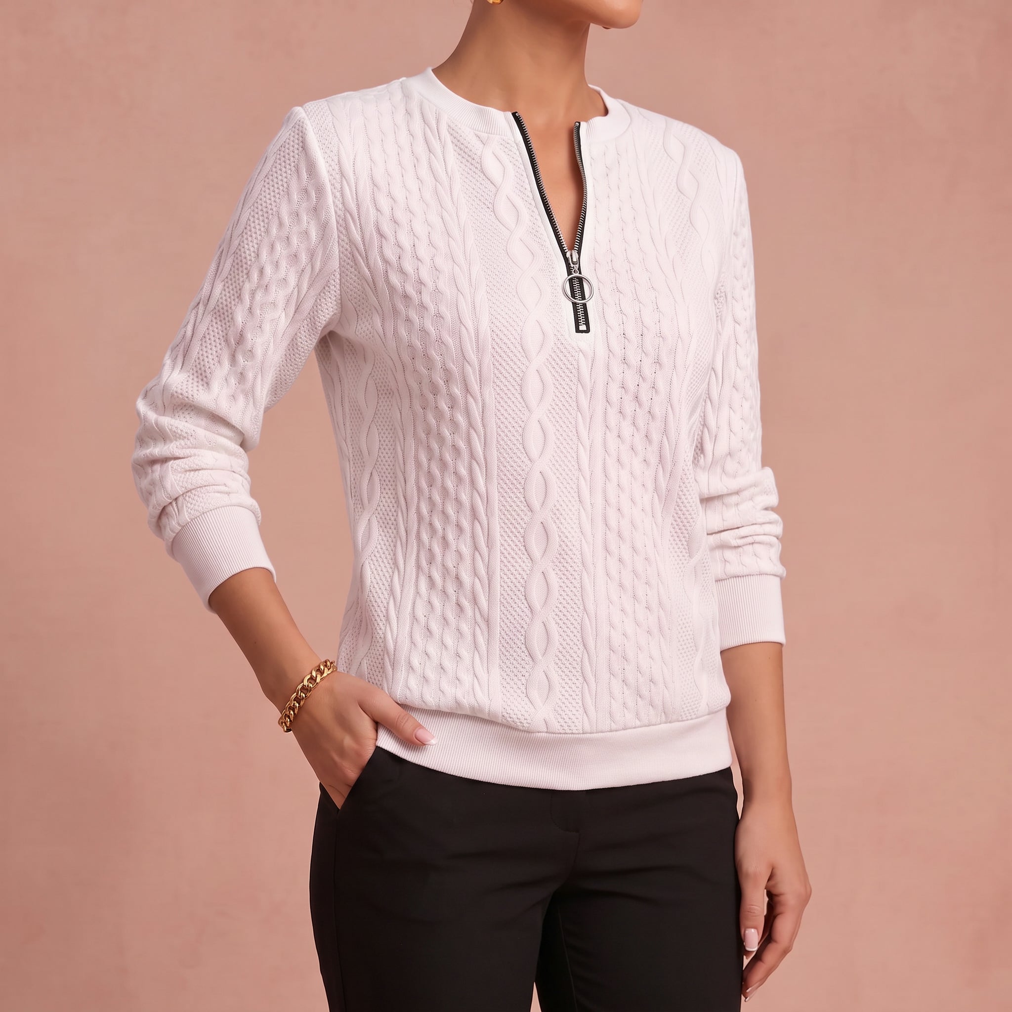Kerstin - Damen Zip-Pullover mit Zopfmuster – Weiß – 4