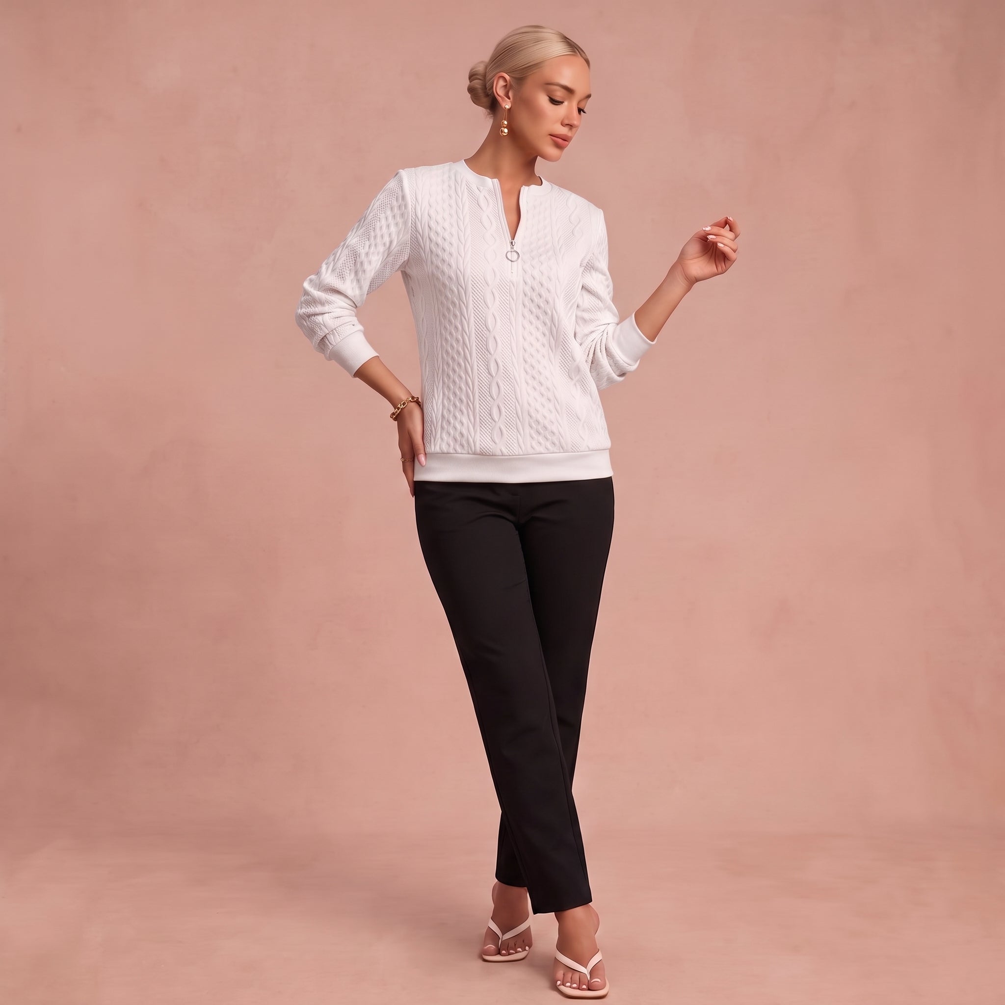 Kerstin - Damen Zip-Pullover mit Zopfmuster – Weiß – 1