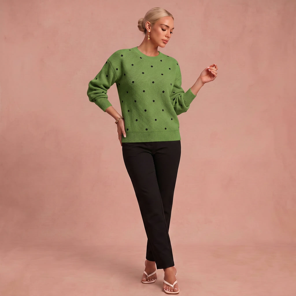Astrid – Lässiger Strickpullover mit langen Ärmeln und Polka-Dot-Muster – Grün – 1