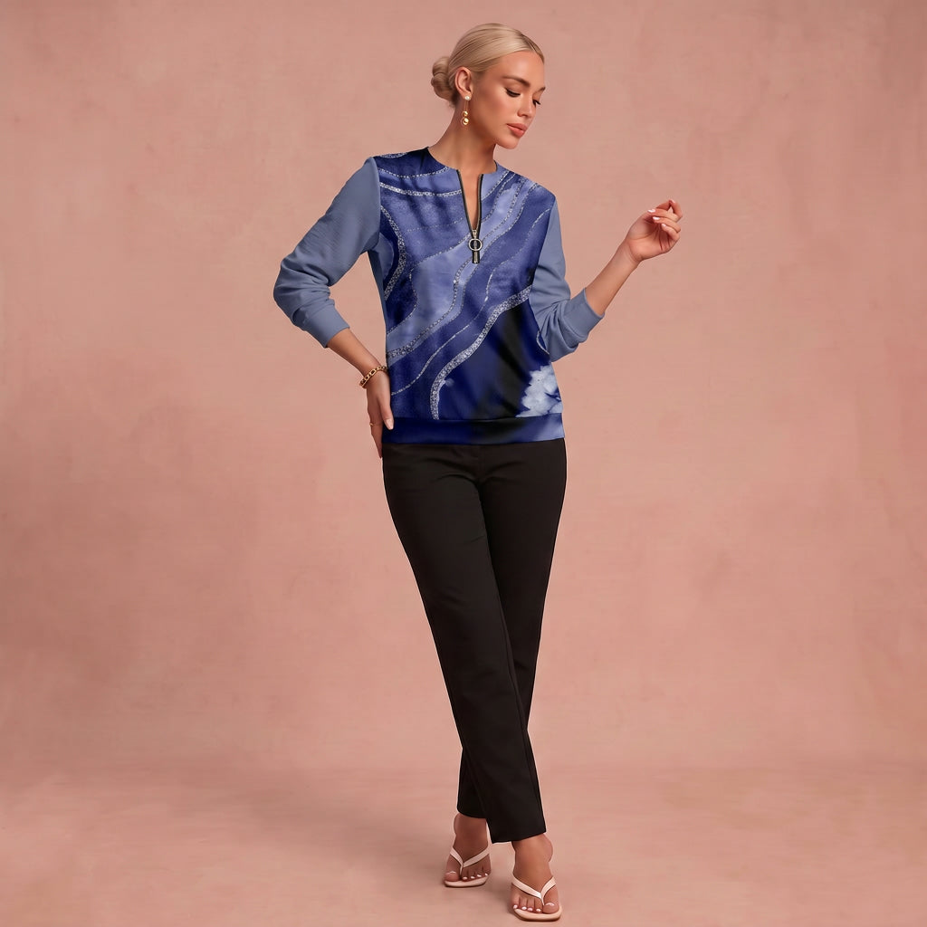 Rosa Brisa™ – Sweatshirt mit Viertelreißverschluss und abstraktem Druck – Blau – 1