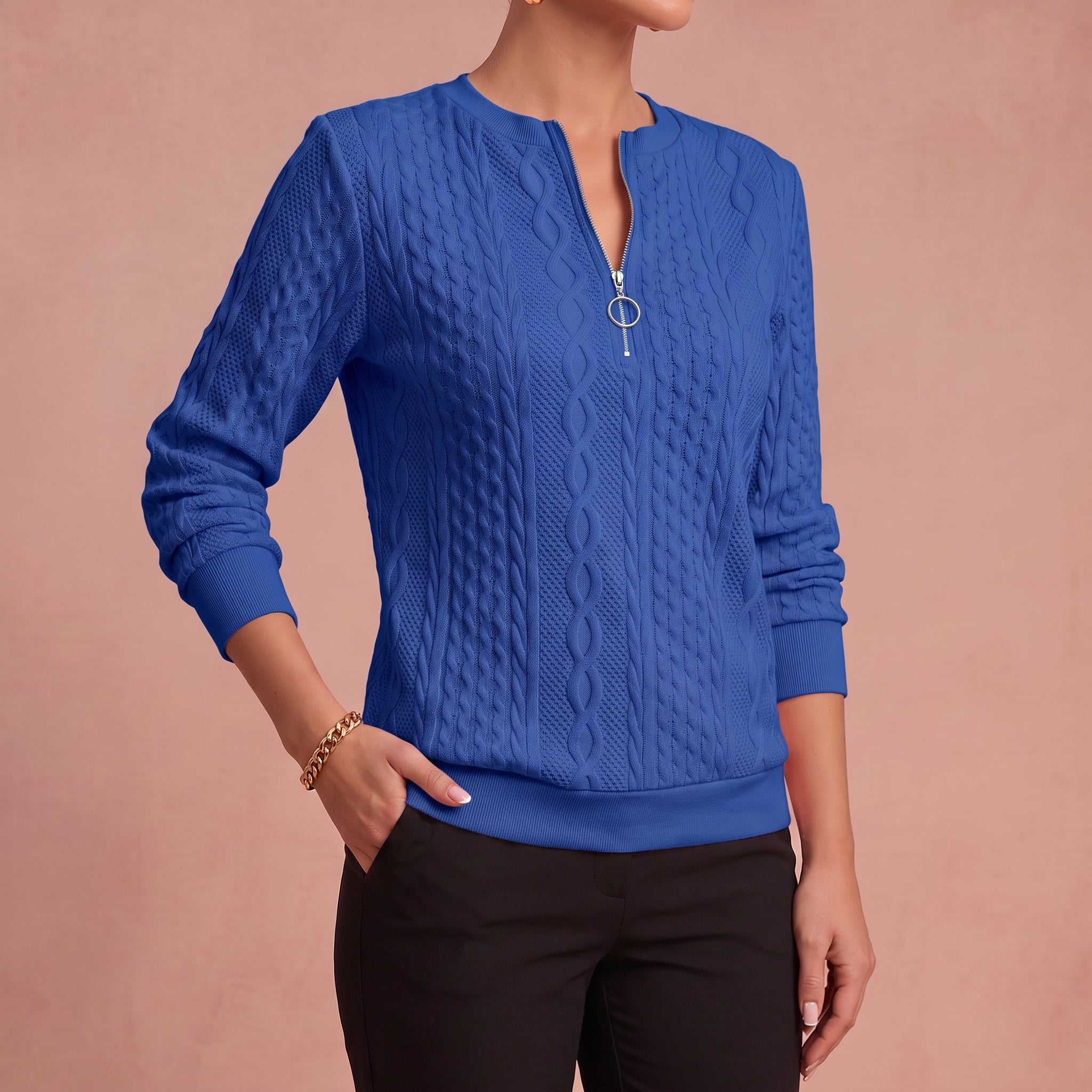 Kerstin - Damen Zip-Pullover mit Zopfmuster – Blau – 4