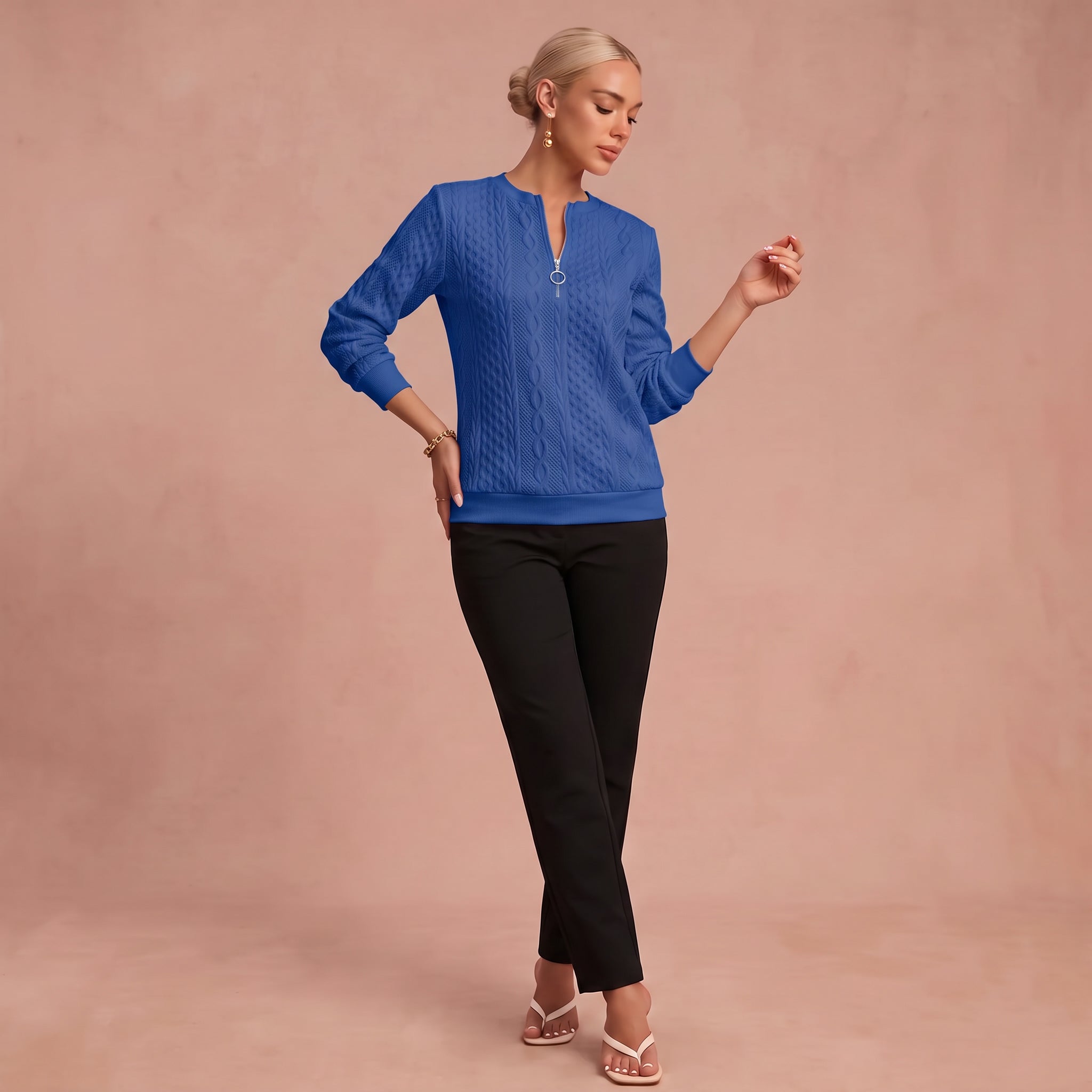 Kerstin - Damen Zip-Pullover mit Zopfmuster – Blau – 1