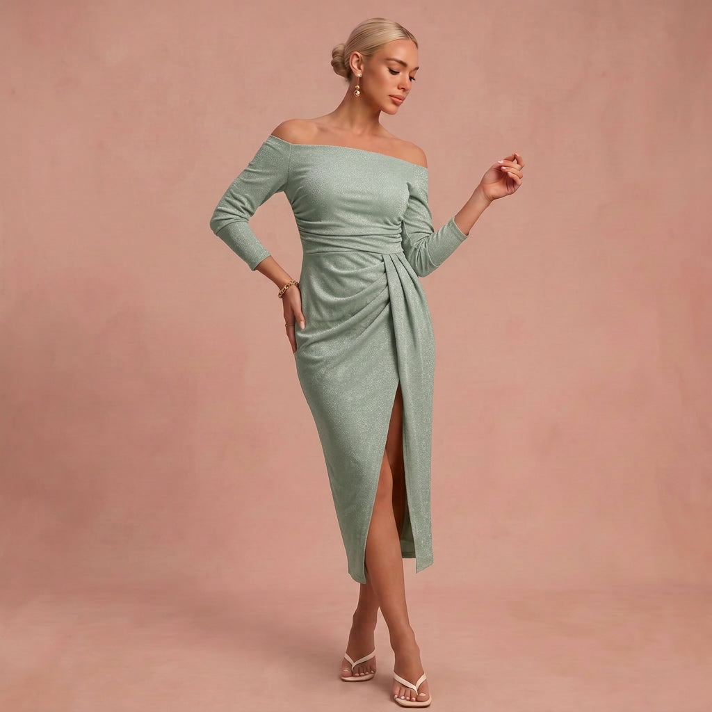 Henriette - Schickes Kleid mit schulterfreien Trägern – Silbergrün – 1