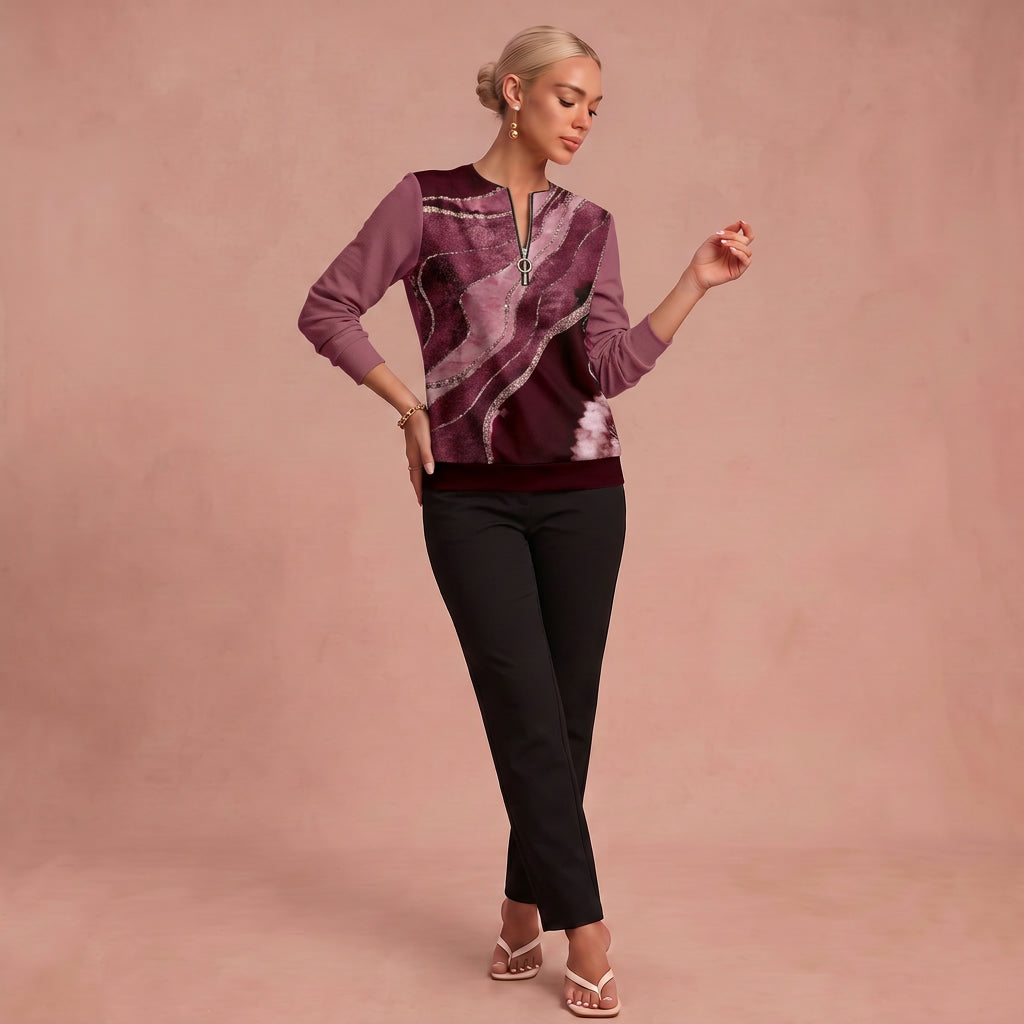 Gabriele | Zip-Up Pullover mit Print – Rosa – 1