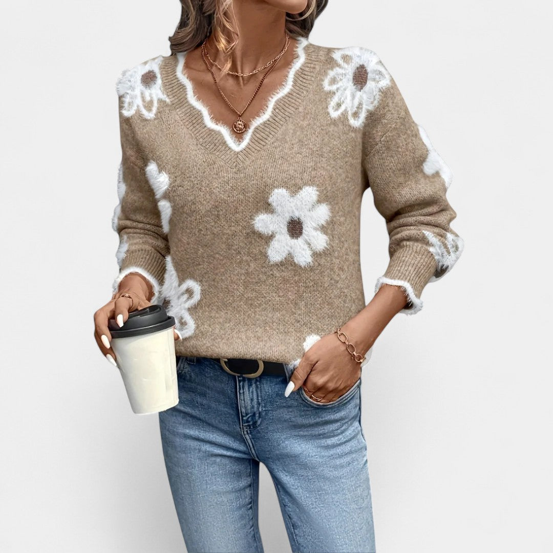 Thea Eleganter Floral-Pullover mit V-Ausschnitt