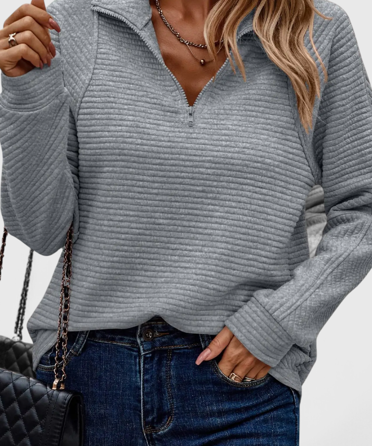 Helene V-Ausschnitt Pullover mit Reißverschluss und langen Ärmeln
